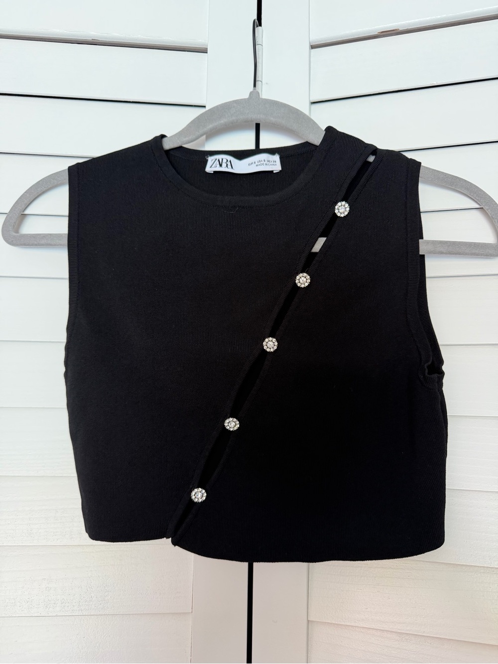 ZARA Black Sleeveless Crop Top with Rhinestone Accent